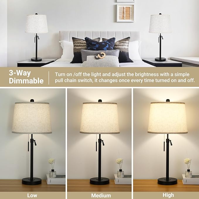 Table Lamps for Living Room Set of 2, Modern Bedside Lamps for Bedroom Height Adjustable Desk Lamp Dimmable Black Nightstand Lamps with Beige Lampshade, Pull Chain Table Lamp for Office Restaurant - LeafyLoom