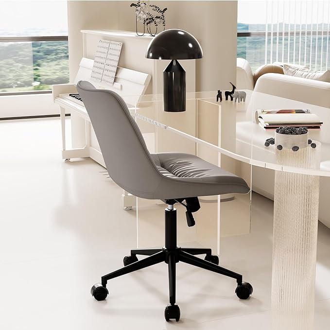 Kidol & Shellder Armless Office Chair Desk Chair Comfy Makeup Vanity Chair with Back Ergonomic Swivel Chair Home Office Desk Chairs with Wheels Rolling Computer Chair Bedroom Accent Chair(Gray) - LeafyLoom