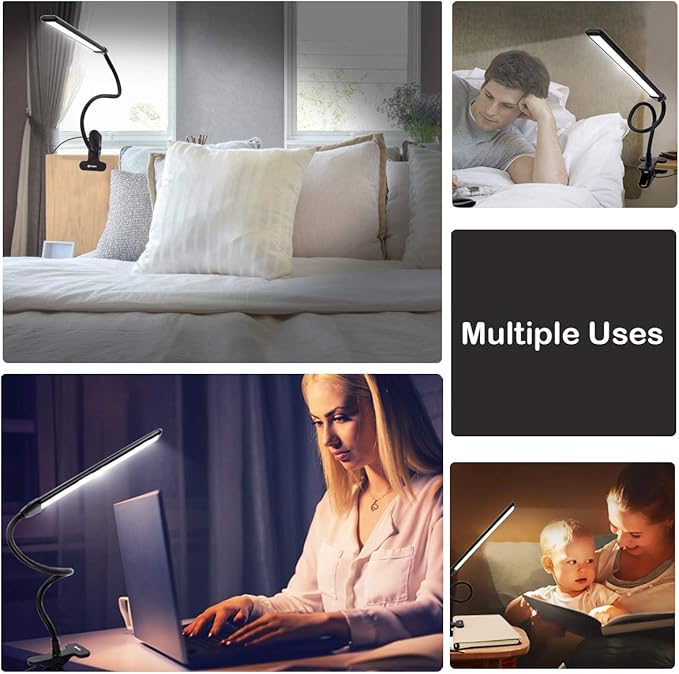 Clamp on Lamp, Clip Light, Desk Lamps 3 Color Temperature Setting, 10 Brightness Levels, 2m USB Cord Power Supply and AC Adapter Included, Pack of 2 (Black) - LeafyLoom