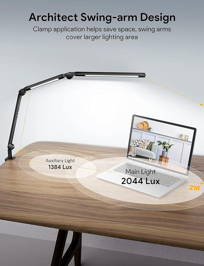 MediAcous LED Desk Lamp with Clamp, Dual Light Desk Lamp with Swing Arm, 4 Color Modes & 4 Brightness Metal Table Lamp, Eye-Caring Clip-on Lamp with Memory Function for Home Office Work Study - LeafyLoom