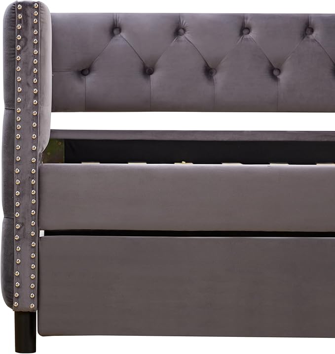 Full Size Velvet Upholstered Daybed with Trundle, Solid Wood Sofa Bed w/Button Tufted Backrest, for Living Room, Bedroom, Dorm, No Box Spring Needed, Space-Saving Design, Grey - LeafyLoom