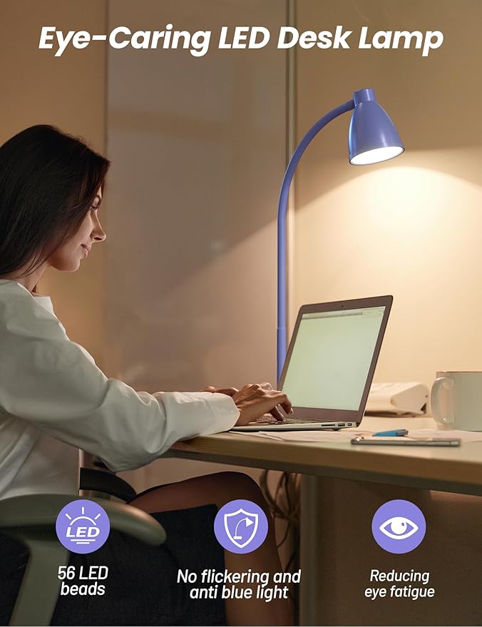 BOHON LED Desk Lamp with USB Charging Port, 3 Color Modes Fully Dimmable Reading Lamp, Auto Dimming Task Lamp, Flexible Gooseneck Table Light for Office Dorm Bedside, Adapter Include, Lilac Purple - LeafyLoom