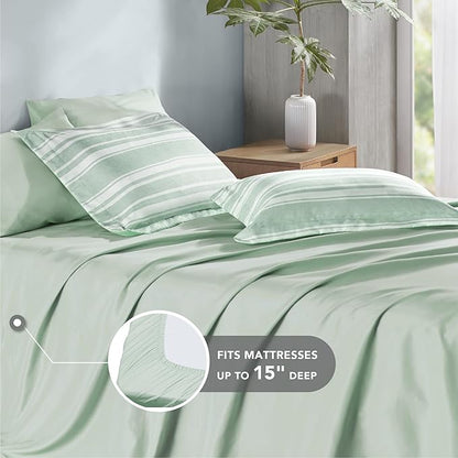 Codi Queen Comforter Set 7 Piece, Sage Green White Striped Bed in a Bag Reversible, Cationic Dyeing Shabby Chic Bedding Sets with Comforter, Sheets, Pillowcases & Shams - LeafyLoom