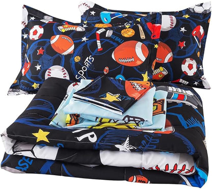 ADASMILE A & S Sports Comforter Set Twin for Boys Kids Bed in A Bag Comforter 6 Piece 3D Soccer Basketball Baseball Football Bedding Set for Kids Football Comforter with Sports Sheet Sets Home Decor - LeafyLoom