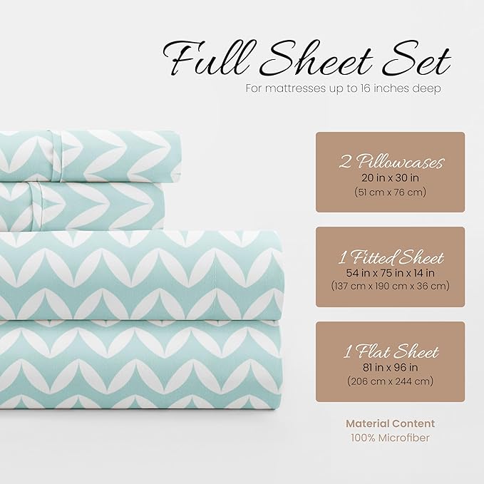 4 Piece Full Bedding Sheet Set (Light Blue Chevron) - Sleep Better Than Ever with These Ultra-Soft & Cooling Bed Sheets for Your Full Size Bed - Deep Pocket Fits 16" Mattress - LeafyLoom