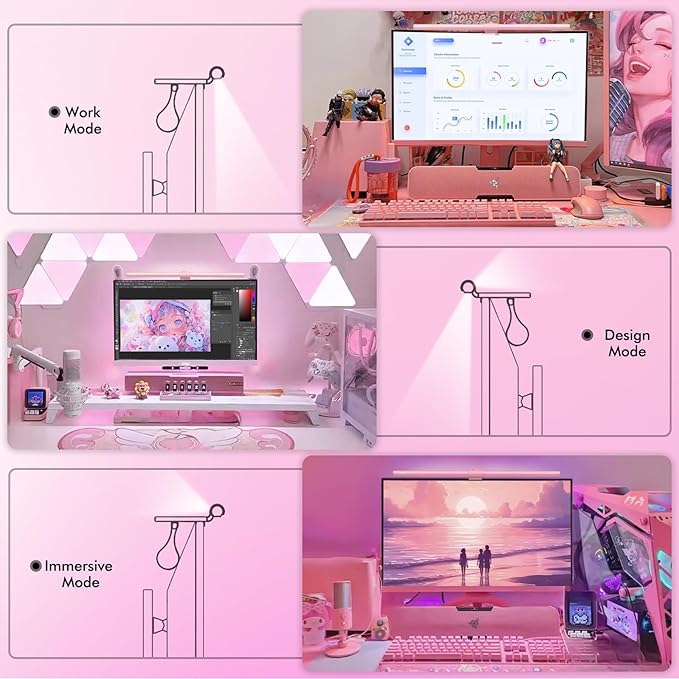 Quntis Pink Monitor Light Bar with Remote, Eye-Care No Glare, Space Saving Computer Desk Lamp As Gifts for Girls, Stepless Dimming, Modern Aesthetic Desk Light Bar for Home Office Gaming Reading - LeafyLoom