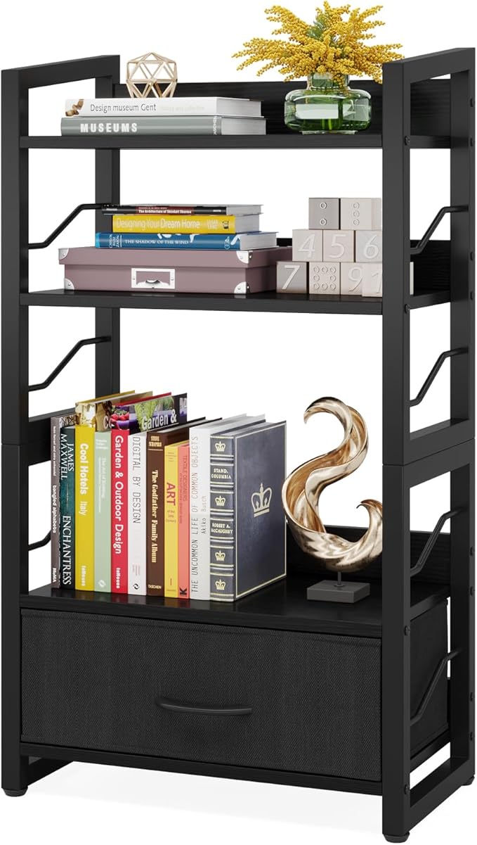 Small Bookshelf with Drawer: 4-Tier Wood Book Shelf Industrial Narrow Bookcase Storage Organizer Metal Stackable Shelves for Desktop Bedroom Living Room Home Office (Black) - LeafyLoom