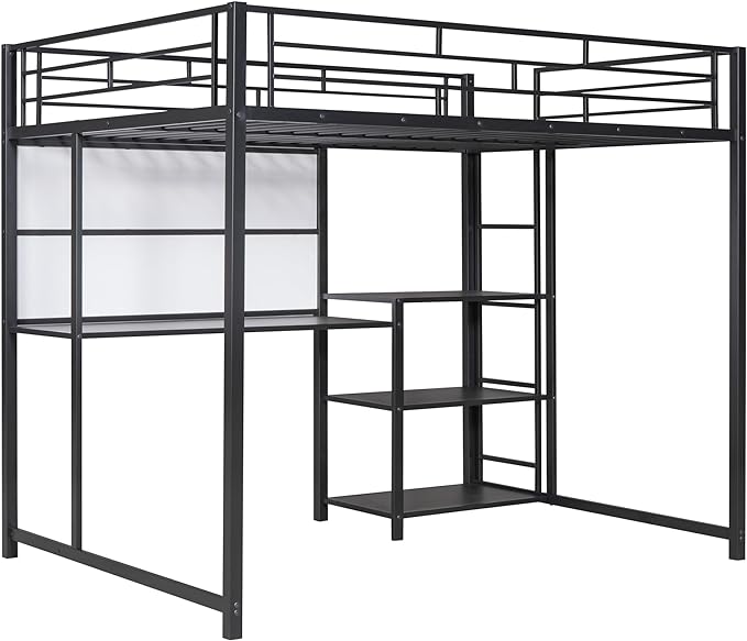 RITSU Full Size Loft Bed, Heavy Duty Metal Bunk Bedframe with Desk and Whiteboard, Safety Guardrail Fence & Ladder, 3 Big Storage Shelves, for Kids, Teens, Black - LeafyLoom