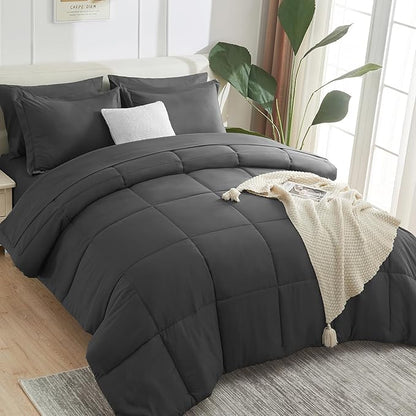 CozyLux Full Size Comforter Sets - 7 Pieces Bed in a Bag Set Dark Grey Full, Gray Complete Bedding Sets Bed Set for All Season with Comforter, Flat Sheets, Fitted Sheet, Pillowcases & Shams - LeafyLoom