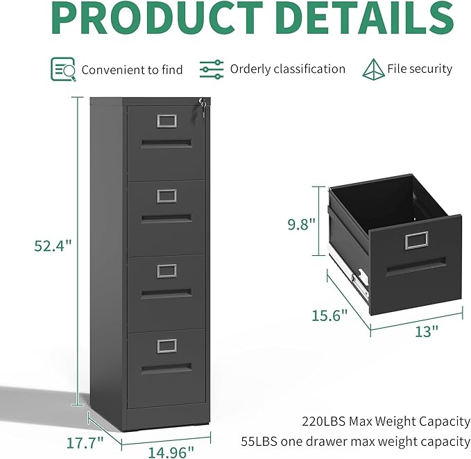 4 Drawer File Cabinet,Metal Filing Cabinets with Lock,Black Vertical File Cabinet for Home Office,Heavy Duty Metal Storage Cabinet for A4/Letter/Legal Size File,Assembly Required - LeafyLoom