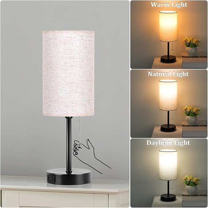 Dott Arts Table Lamp for Bedroom, 3-Color Bedside Lamps with Pull Chain, Bedroom Table Lamps for Nightstand,Small Lamp for Living Room, Bulb Included - LeafyLoom