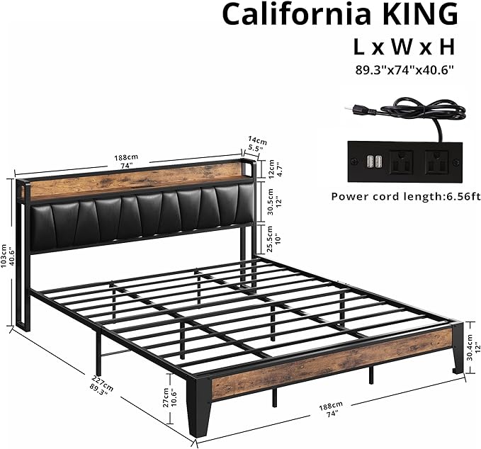 LIKIMIO California King Bed Frame, Storage Headboard with Charging Station, Solid and Stable, Noise Free, No Box Spring Needed, Easy Assembly (Vintage and Black) - LeafyLoom