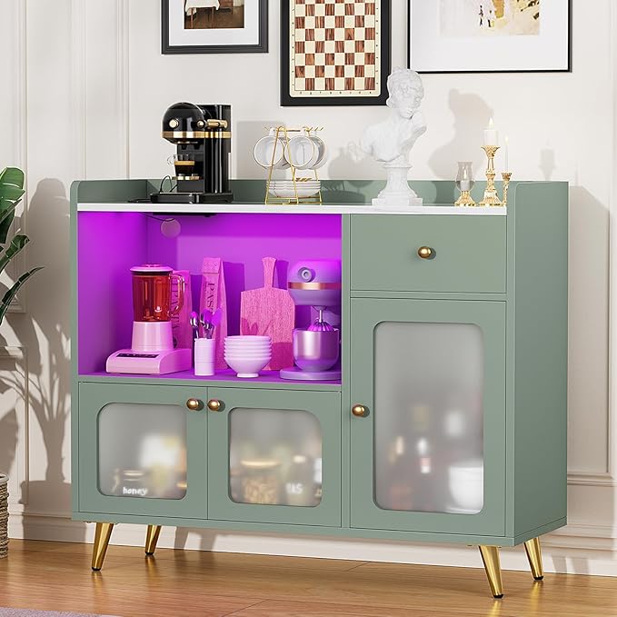 Cyclysio Sideboard Buffet Cabinet with Power Outlet, Kitchen Cabinet with LED Lights, Large Bar Cart Accent Buffet Cabinet with Door for Bedroom, Living Room, Kitchen, Hallway, Cyan - LeafyLoom