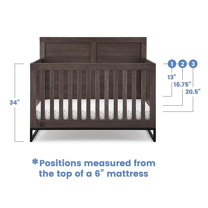 Simmons Kids Foundry 6-in-1 Convertible Baby Crib, Rustic Grey with Matte Black + Quiet Nights Breathable Crib Mattress with Removable/Machine Washable Cover (Bundle) - LeafyLoom