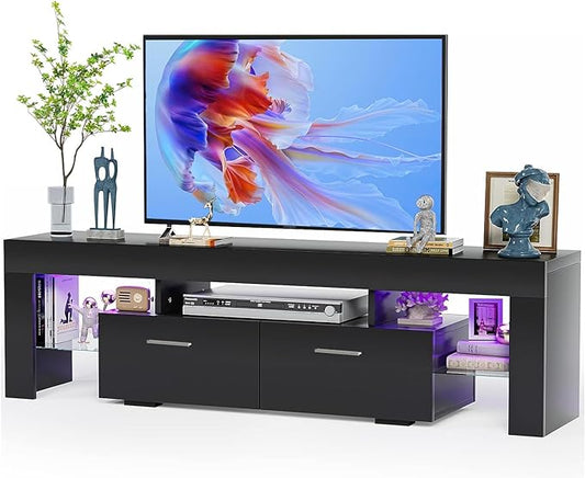 HOUAGI LED TV Stand for 50/55/60/65/70 Inch TVs,Modern Entertainment Center with Storage Drawer and Glass shelf, TV Console Table for Living room,Bedroom,Black - LeafyLoom