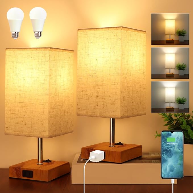 Dott Arts Small Table Lamps for Bedrooms Set of 2,2700K 4000k 5000K Nightstand Lamps with AC Outlets，Minimalist Wood Bedside Lamp with Square Shade,Night Light Lamp for Living Room Kids Room Office - LeafyLoom