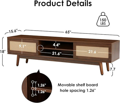 STARY 65''Mid Century Modern TV Stand,Boho Media Console Entertainment Center with Cable Management for Living Room, Walnut - LeafyLoom