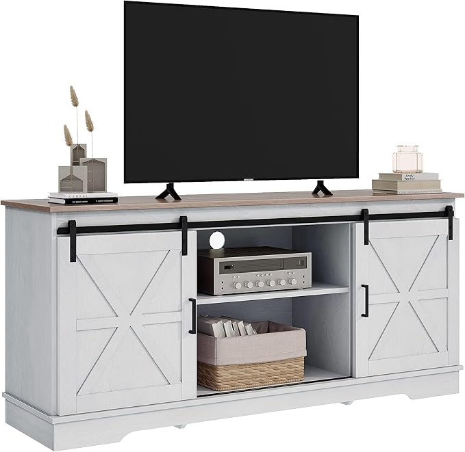 DWVO TV Cabinet for 65 Inch TV, Farmhouse TV Stand with Storage Cabinets and Sliding Barn Doors, Mid Century Modern Entertainment Center Media TV Console for Living Room, Grey White/Grey Wash - LeafyLoom