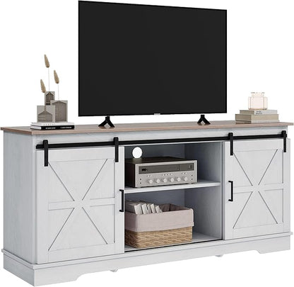 DWVO TV Cabinet for 65 Inch TV, Farmhouse TV Stand with Storage Cabinets and Sliding Barn Doors, Mid Century Modern Entertainment Center Media TV Console for Living Room, Grey White/Grey Wash - LeafyLoom