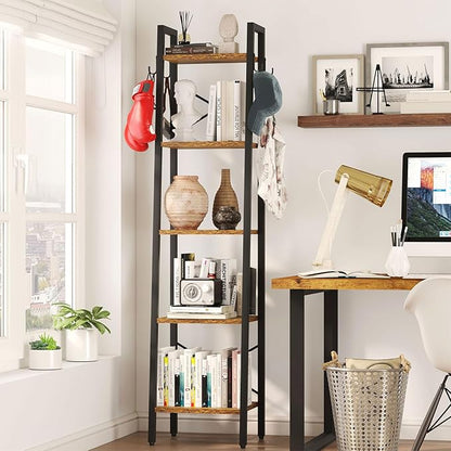 YMYNY 5 Tiers Ladder Bookcase, Industrial Narrow Bookshelf, Open Display Rack with 4 S Hooks, Metal Storage Shelves for Bedroom, Home Office, Living Room, Rustic Brown, 63H*13.4L*11.8W, UHBC025H - LeafyLoom