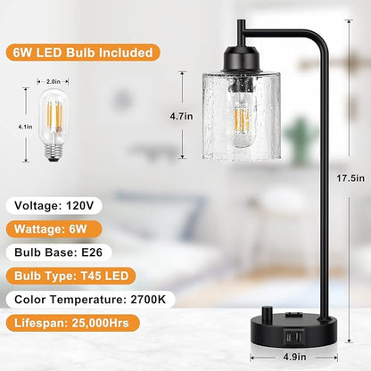 Industrial Bedside Table Lamp for Bedroom - Nightstand Lamps with USB C Charging Port, Fully Dimmable Black Ports and Outlets, Small Desk Glass Shade Office Living Room - LeafyLoom