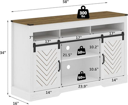 Farmhouse TV Stand with Sliding Barn Door for TVs up to 65+ Inch, 34" Tall Entertainment Center, Wood Media Console Storage Cabinet for Bedroom, Living Room, White and Rustic Oak - LeafyLoom