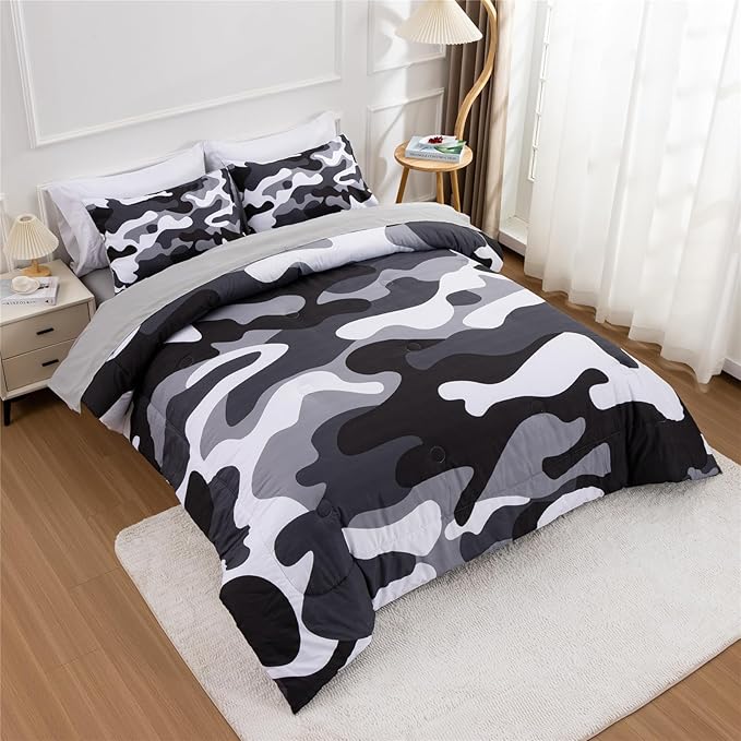 Meeting Story Camouflage Bedding Set, Colorful Pattern Style Comforter Set, 5 PCS One Comforter Two Pillowcases Two Sheets in One Bag, All Season Bedspread for Teens Adults (Grey,Twin5pcs - LeafyLoom