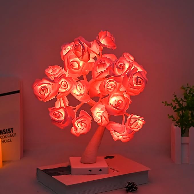 Rose Flower Tree Lamp, Led Rose Table Lamp Gift for Teens Girls Mother Home, Battery Powered, Romantic Tabletop Night Lighting for Bedroom Living Room Party Wedding Valentine's Day Desk Decor - LeafyLoom