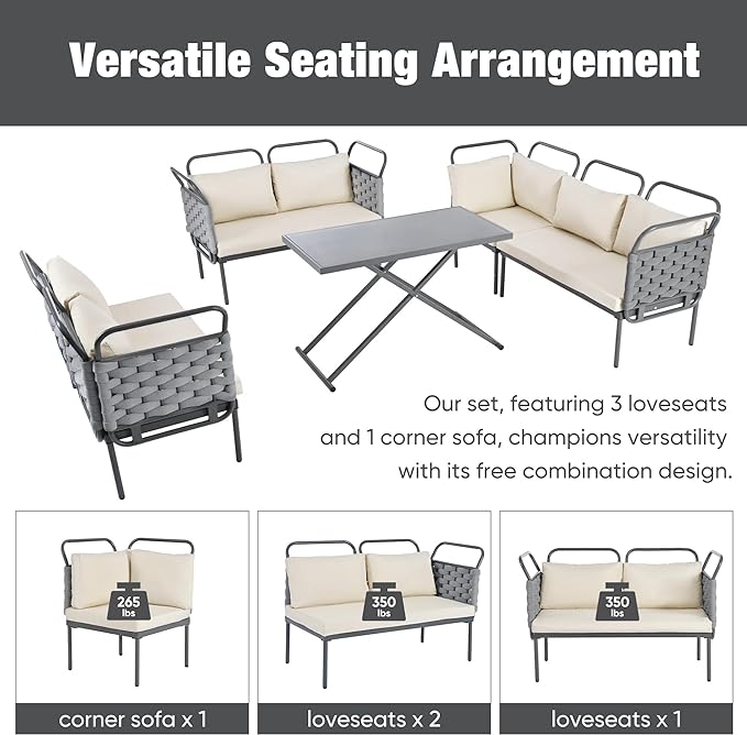 5-Piece Woven Rope Outdoor Patio Furniture Sets, L-shaped Conversation Sectional Sofa with Loveseat, Corner Couch, Glass Table and Removable Cushions, for Garden Backyard, Onesize, Gray+Beige - LeafyLoom