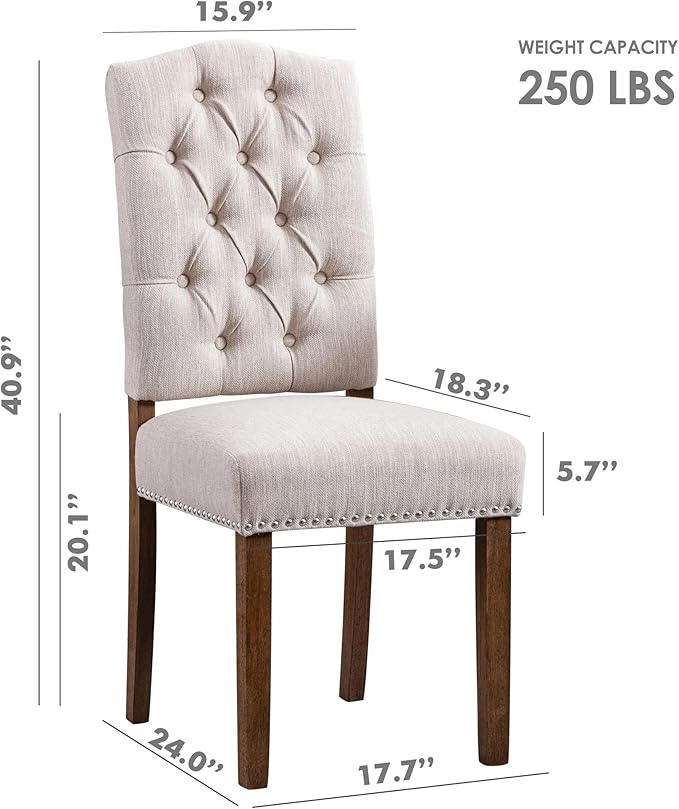 Stylish Upholstered Nailhead Trim and Sturdy Solid Wood Legs Parson Dining Chair, Set of 4, Beige - LeafyLoom