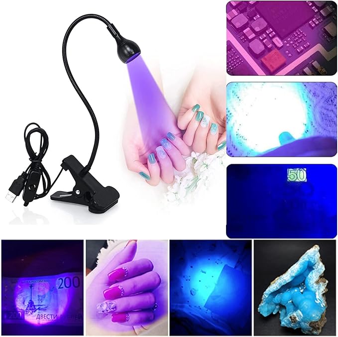 UV Nail Lamp, UV Light for Nails UV LED Light Fixtures with Gooseneck and Clamp Mini Desk Light Clamp Portable Gooseneck for Outdoor Stall Gel Nail Curing, 5V USB Input (Black,Round Head) - LeafyLoom