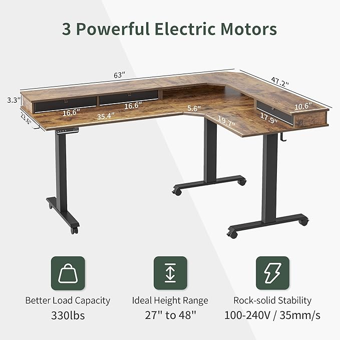 FEZIBO Triple Motor 63" L Shaped Standing Desk with 3 Drawers, Electric Standing Desk Adjustable Height, Corner Stand up Desk with Splice Board - Rustic Brown - LeafyLoom