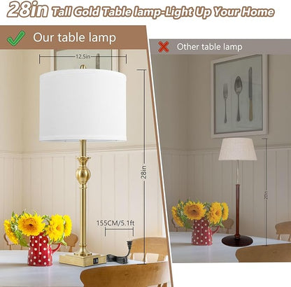 TOBUSA 28” Gold Table Lamps Set of 2, Tall Bedside lamps with Dual USB Charging Ports, Modern Nightstand Lamps with Square Brass Base and White Fabric Shade for Living Room, Bedroom(No E26 Bulbs) - LeafyLoom