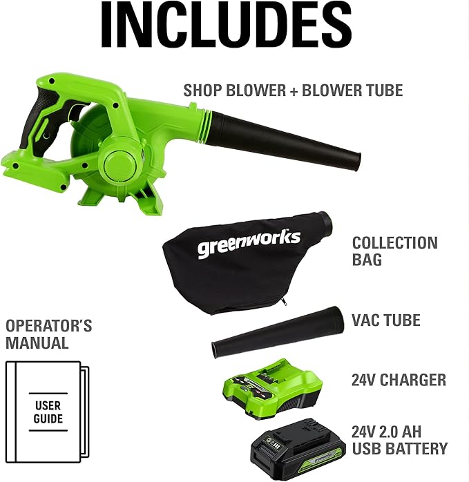 Greenworks 24V (90 MPH / 180 CFM / 125+ Compatible Tools) Cordless Shop Blower, 2.0Ah Battery and Charger Included - LeafyLoom