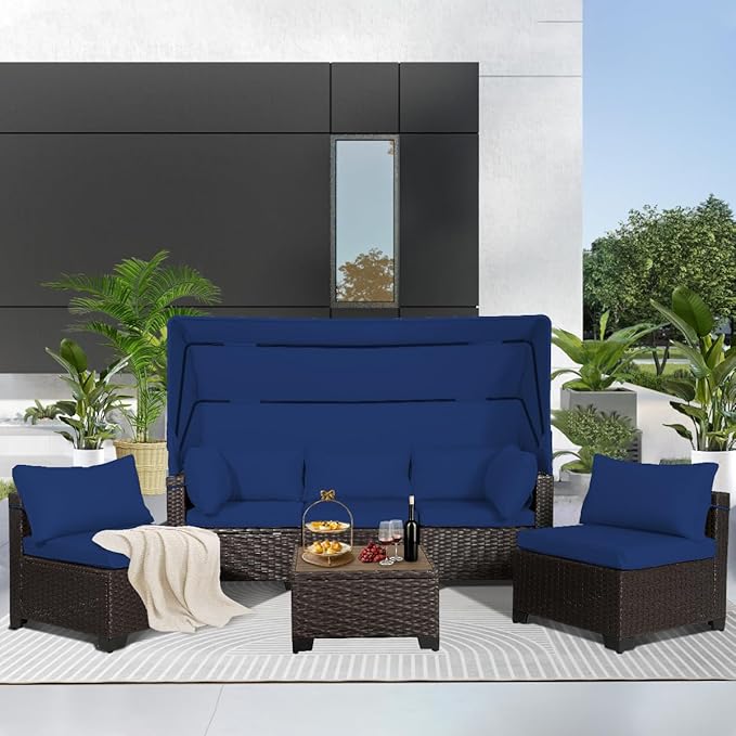 6 PCS Outdoor Patio Furniture Set,Sectional Sofa Set,Rattan Daybed with Retractable Canopy,Adjustable Backrest,Storage Coffee Table,Chaise Chair Sunbed for Garden Poolside Backyard(Dark Blue) - LeafyLoom