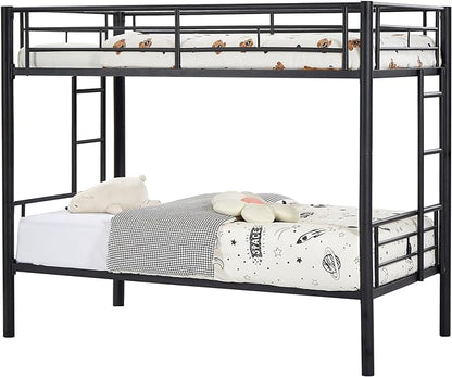 VECELO Metal Bunk Bed Twin Over Twin, Industrial Bunkbeds with Ladder and Full-Length Guardrail, Noise Free, No Boxing Spring Needed, Black - LeafyLoom