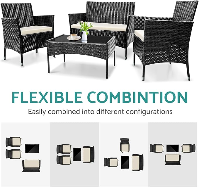 Patio Furniture, 4 Piece Conversation Set, Outdoor Wicker Rattan Table and Chairs, Sectional Sofa with Thick Cushion for Garden, Yard, or Porch, Dark Black - LeafyLoom