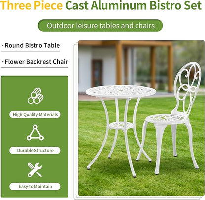 Patio Bistro Sets, Cast Aluminum Bistro Table and Chairs Set of 2 with Umbrella Hole, Bistro Set 3 Piece Outdoor, Metal Patio Furniture Set for Garden Porch, White - LeafyLoom