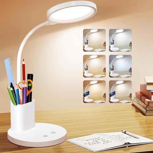 Desk Lamps for Home Office with Pen Holder/Organizer,6 Color Modes,Stepless Dimming,Study Desk Lamp for Kids,LED Desk Light Gooseneck Eye-Caring Lamp with Phone Stand/Storage,College Dorm Essentials - LeafyLoom