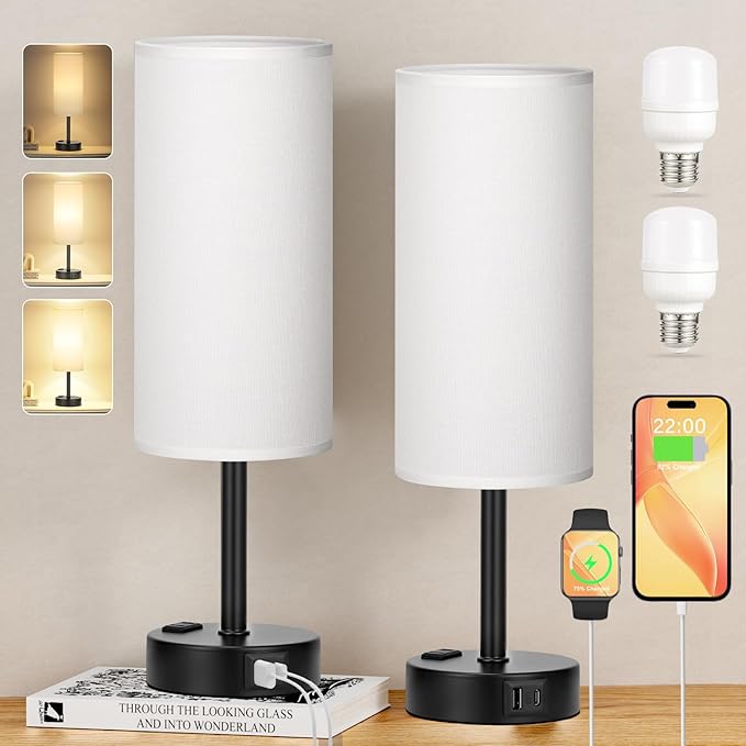 White Bedroom Lamps Set of 2-3 Way Dimmable Touch Table Lamps with USB C and A Ports, Bedside Lamps for Nightstand with AC Outlet, Small Desk Lamps with Black Base for Office Hotel - LeafyLoom