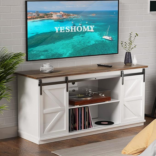 YESHOMY Farmhouse TV Stand and Entertainment Center for Televisions up to 65 Inchs, with Sliding Barn Doors and Storage Cabinets, Console Table and Media Furniture for Living Room, 58 Inch, Milk White - LeafyLoom