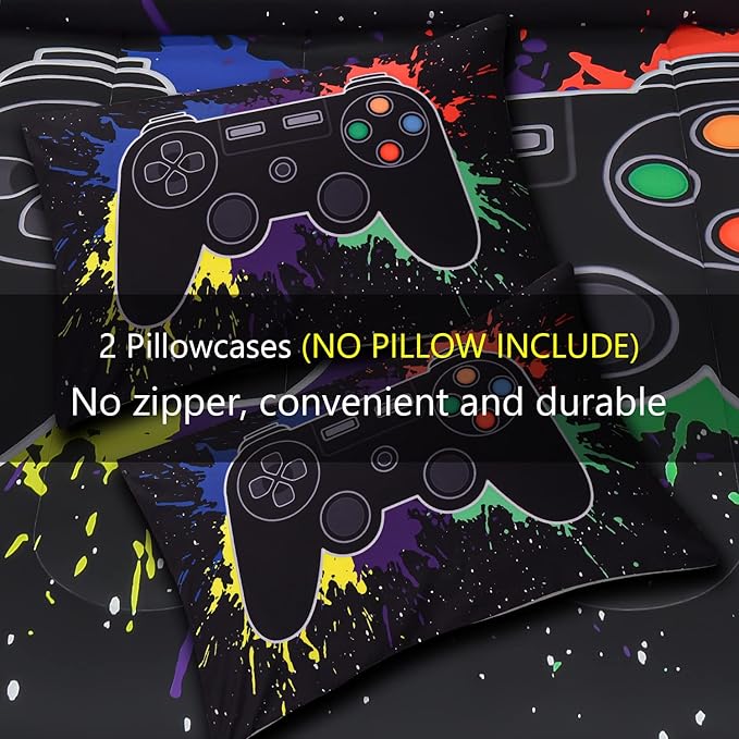 6Pcs Gamer Comforter Set with Sheets for Boys Girls Kids Teens, Colorful Graffiti Gaming Themed Bed in A Bag Twin Size, Black 3D Video Game Controller Bedroom Decor Bedding Set - LeafyLoom