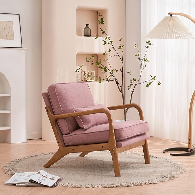 Bonnlo Linen Pink Mid Century Modern Accent Chair, Soild Wood Padding Lounge Armchairs Side Sitting Chairs for Living Room, Bedroom, Guest Room - LeafyLoom