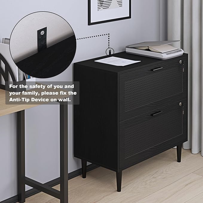 2 Drawer File Cabinet, Lateral File Cabinet with Lock, Rattan Wood Filing Organization Cabinet for Home Office, Black - LeafyLoom