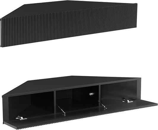 24/7 Shop at Home French 47 inch Modern Floating TV Console Table with 3D Wavy Panel Door, Wood Entertainment Center with Storage Space, Wall Corner Shelf for Living Room, Bedroom, Office, Black Pure - LeafyLoom