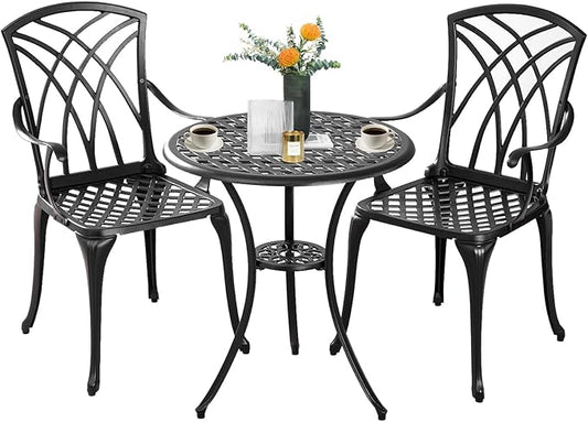 Bistro Set 3 Piece Outdoor,Cast Aluminum Outdoor Bistro Set,All Weather Bistro Table and Chairs Set of 2 with 1.97" Umbrella Hole,Patio Bistro Sets for Garden(Woven Black) - LeafyLoom