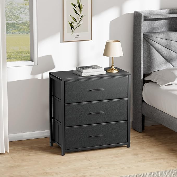 Nightstand with 3 Drawers for Bedroom, Storage Dresser with Fabric Drawers and Metal Frame for Closet, Living Room, Bedside Table with Wood Top, Easy Pull Handle, Black - LeafyLoom