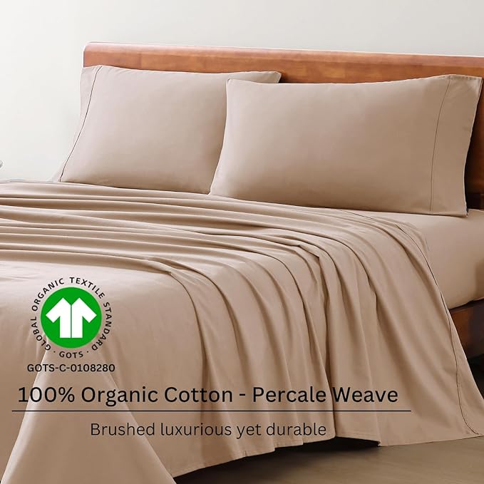 LANE LINEN 100% Organic Cotton Sheets Set Pure Long- Staple Percale Weave - Bedding for Bed Fits Mattress Upto 15in Deep Pocket (Twin Taupe) - LeafyLoom