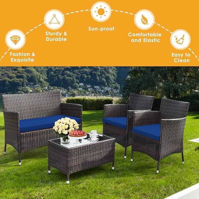 Goplus 4-Piece Rattan Patio Set, Outdoor/Indoor Wicker Conversation Set for Pool, Backyard, Lawn, Wicker Chairs and Sofa with Soft Cushion, Rattan Furniture with Tempered Glass Coffee Table - LeafyLoom