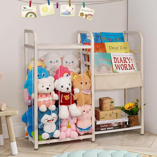 Trycooling Stuffed Animal Storage with Kids Bookshelf Book and Toy Organizer for Kids 3-Tier Bookshelf Organize Books with Elastic Cord Stuffed Animal Holder for Plushie Toys, for Kids Room, Playroom - LeafyLoom